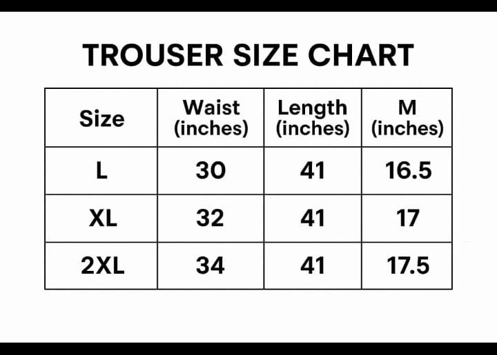 Trousers size chart with measurements in inches